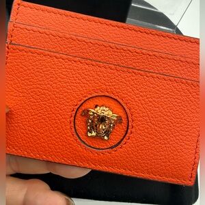 Versace Orange Pebbled Leather Card Case with Gold Medusa full inclusion